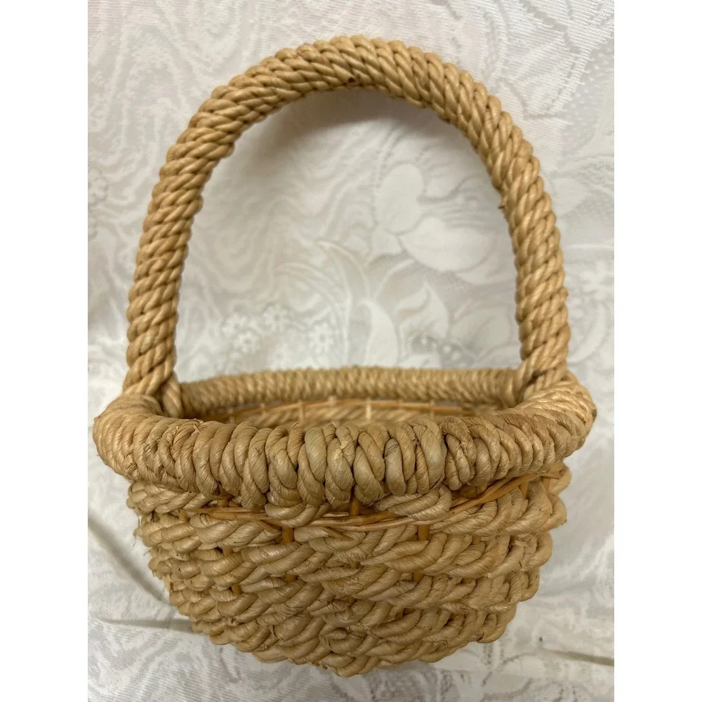 Vintage Woven Wicker Basket Set Round Rope Handle‎ and Rectangular Wood Handle